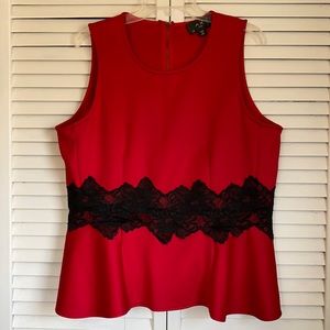 Red sleeveless peplum top with black lace